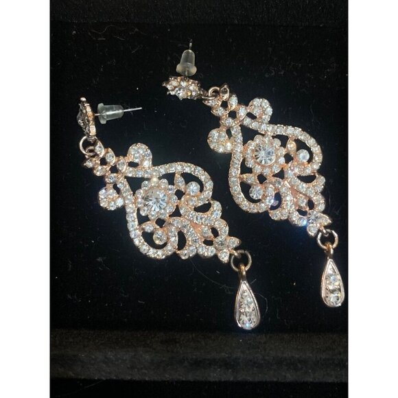 Gold-Tone Crystal Filigree Dangle Earrings With Teardrop Accents - Picture 2 of 4